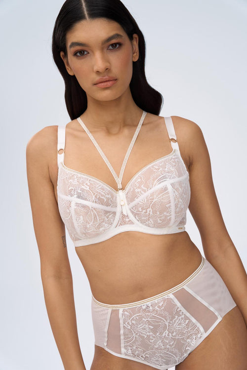 Biustonosz z koronki i ozdobnymi paskami, elegancka bielizna damska, Alles Chiara Gold M