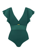 Zielony jednoczęściowy kostium kąpielowy z falbankami na ramionach, elegancki i modny, odzież plażowa